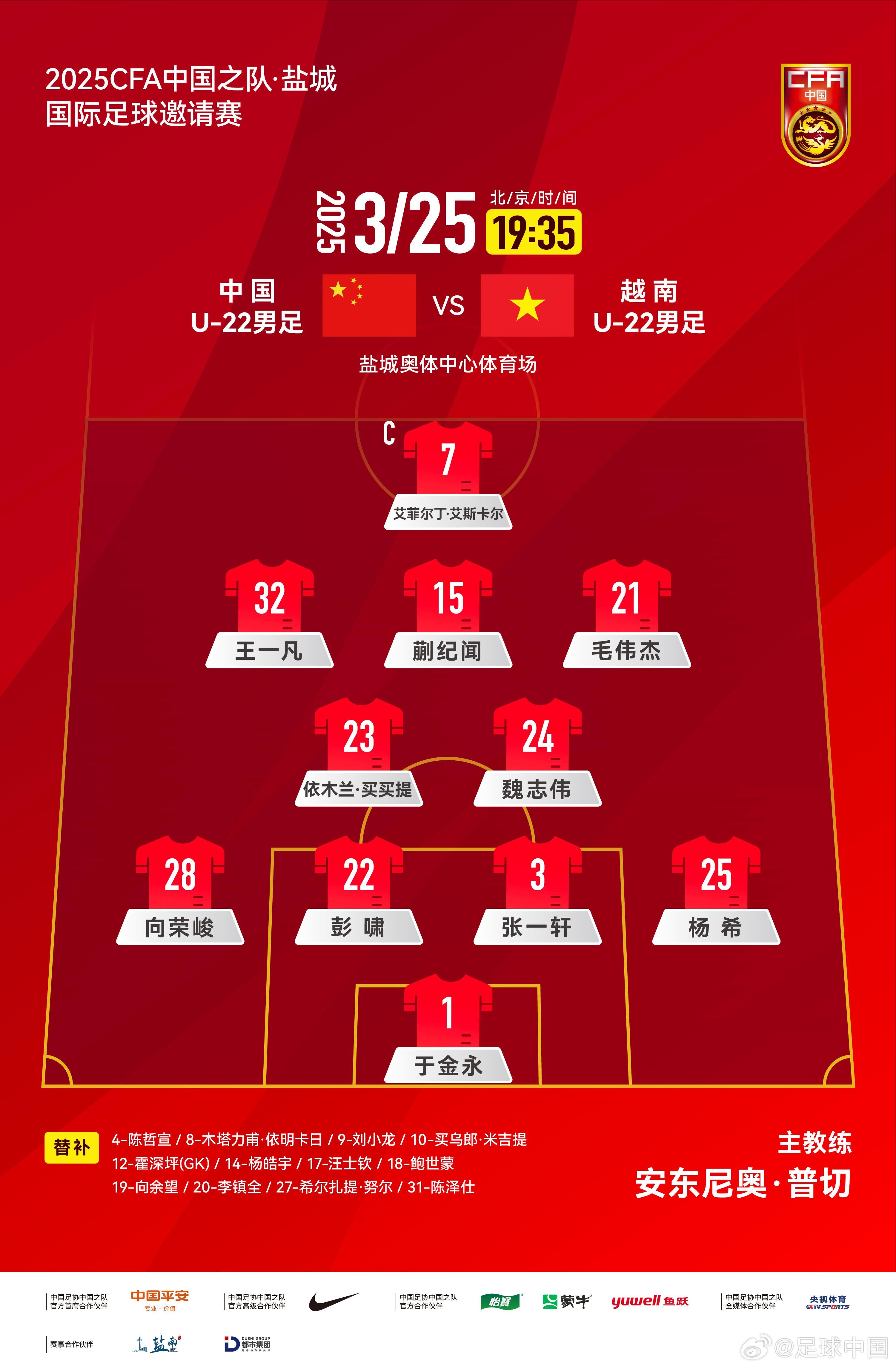 鹽城國(guó)際足球邀請(qǐng)賽中國(guó)U-22男足vs越南U-22男足，中國(guó)隊(duì)首發(fā)陣容